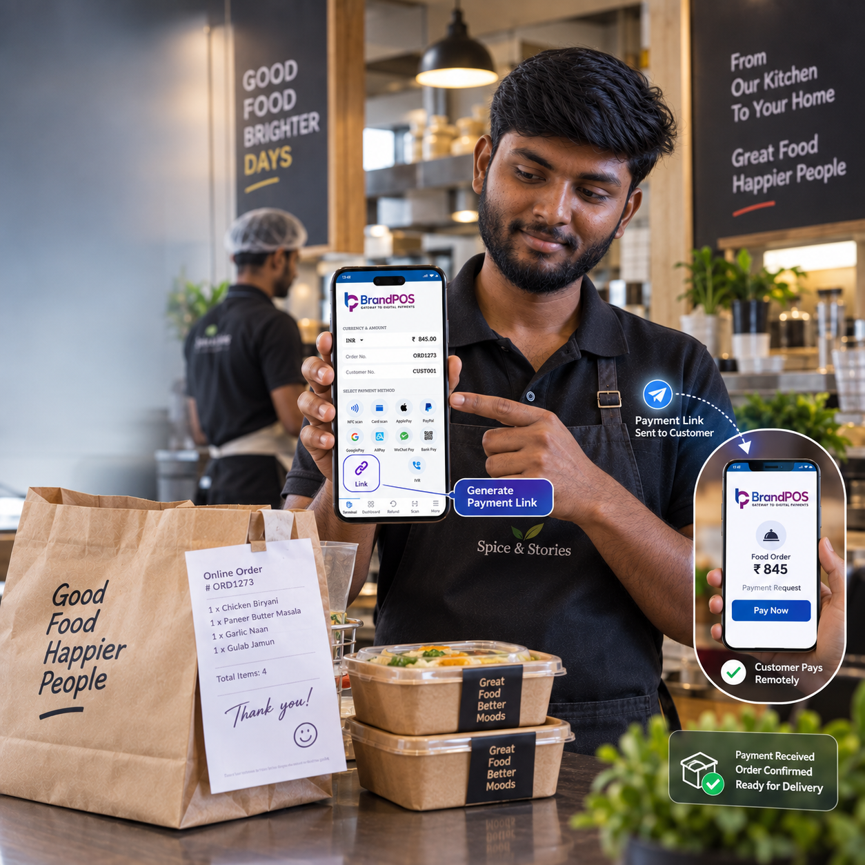 Hotel staff managing an online food delivery order with BrandPOS
